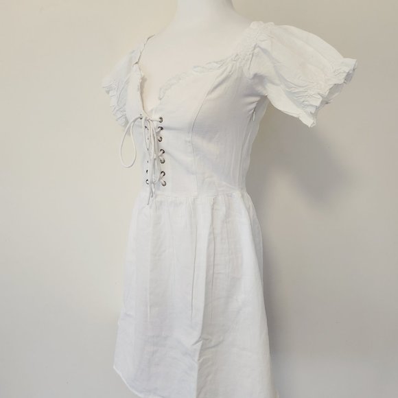 White Puff Sleeve Lace Up Milkmaid Puff Sleeve Sweetheart Skater Dress Cotton - Picture 9 of 15